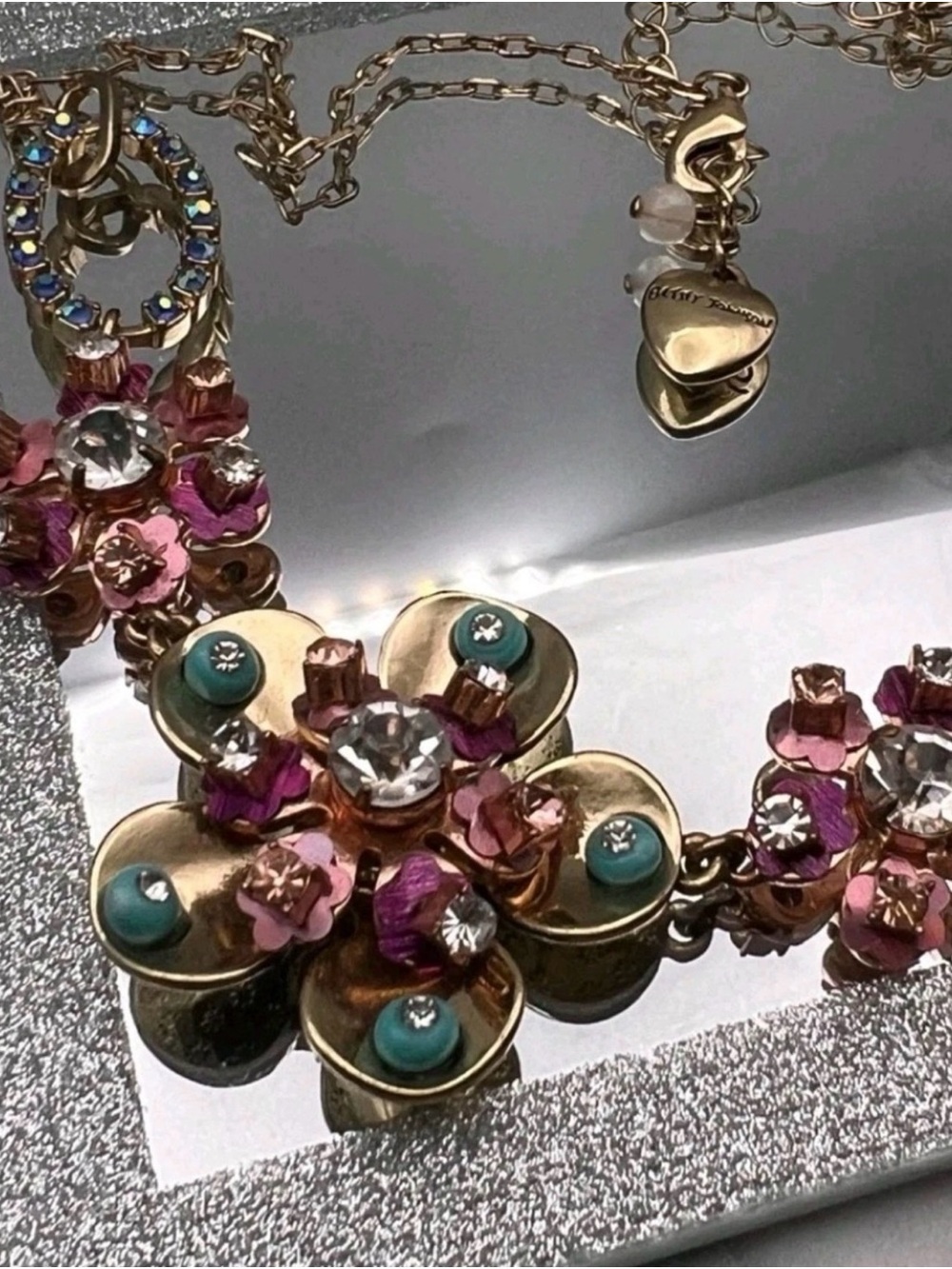 Betsey Johnson Boardwalk Sweet Flower Necklace Retired Pink Teal Rhinestone Aqua